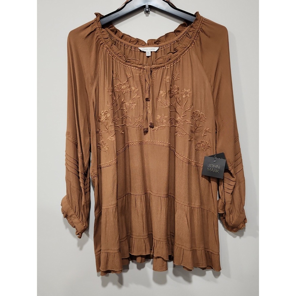 John Mark NWT Tunic Top Womens PXL Floral Embroidered Brown Long-sleeved Boho